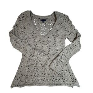American Eagle Outfitters Tan Open Knit Wool Blend V-Neck Sweater Small Boho